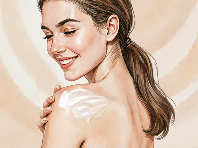 Woman smiling with cream on her back in a warm-toned portrait.