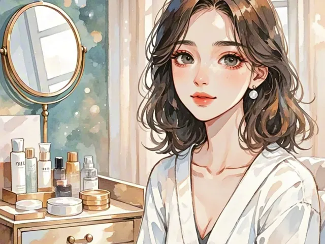 Young woman doing skincare in front of a mirror.