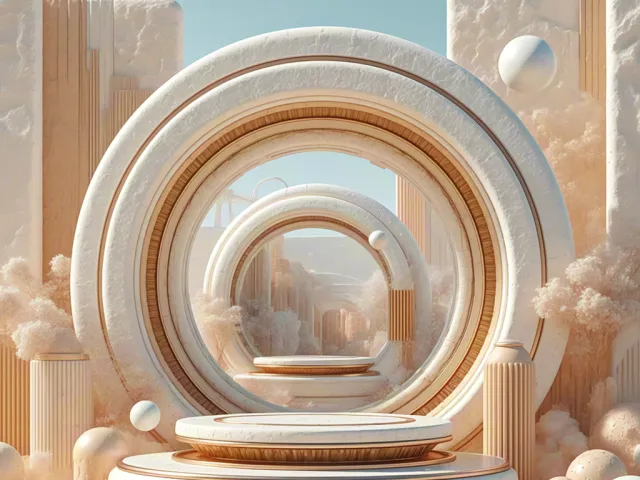 soft beige 3D circular stage with spheres and minimal geometry