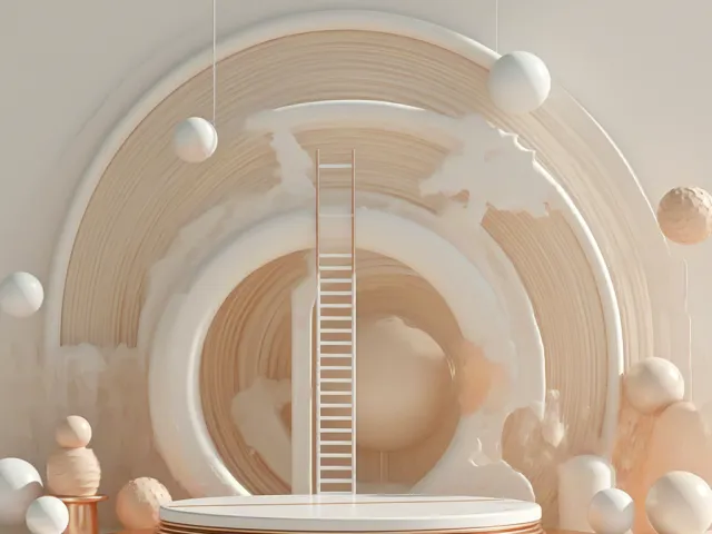 oft beige 3D scene with circular forms and spheres
