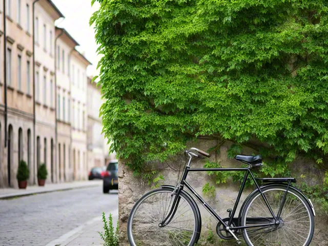 Black bicycle parked beside green ivy wall
