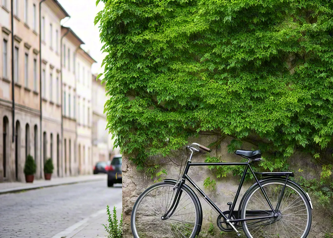 Black bicycle parked beside green ivy wall