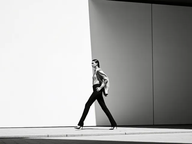 Minimalist black and white shot of a man walking across a clean geometric architectural background