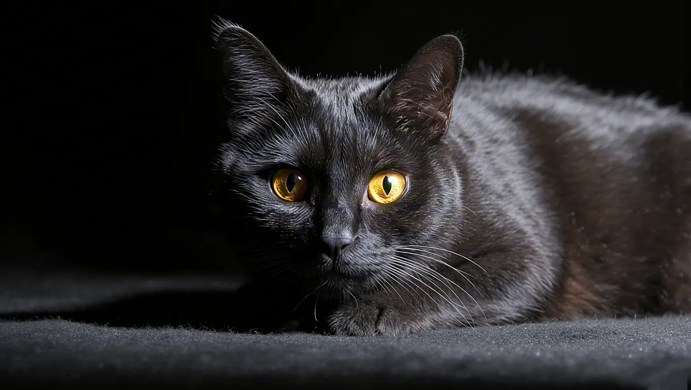 Close-up of black cat staring with bright eyes