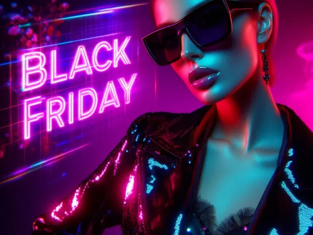 Stylish woman in sunglasses posing under bright Black Friday neon sign