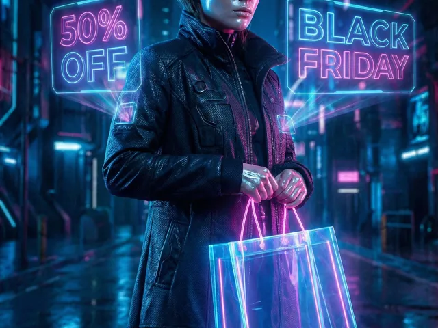 Woman holding neon shopping bag under Black Friday digital signs in cyberpunk city