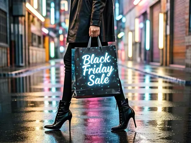 Close-up of woman holding Black Friday Sale bag in rainy neon street