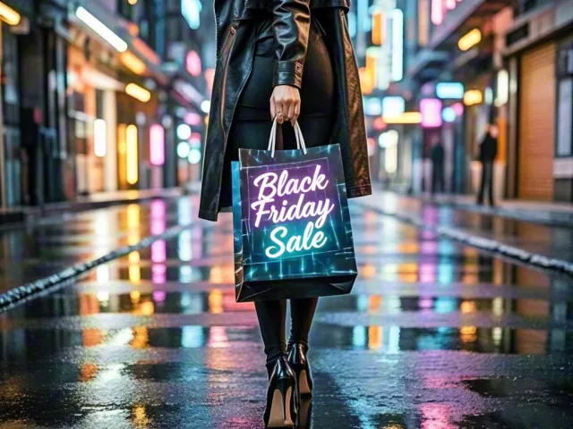 Woman walking on wet neon-lit street holding Black Friday Sale shopping bag