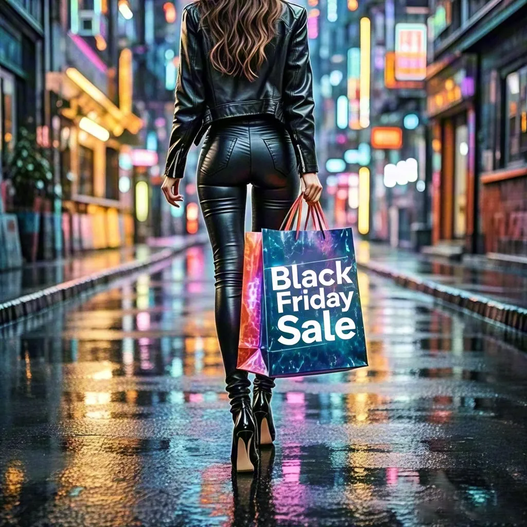 Black Friday woman in leather jacket — neon city street