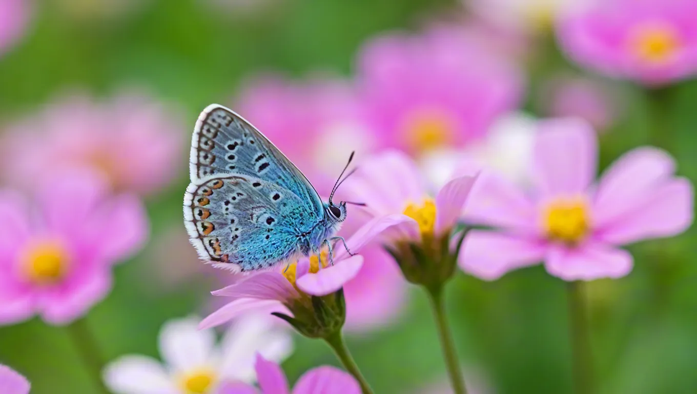 Close-up of blue butterfly resting on pink blossoms