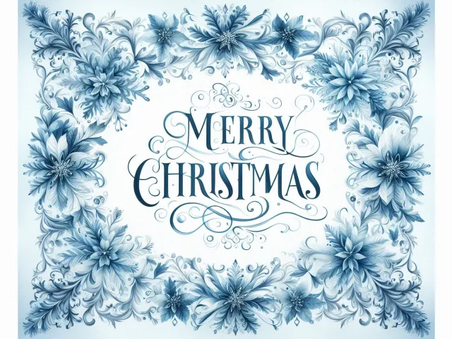 Winter floral frame with icy blue flowers and Merry Christmas text