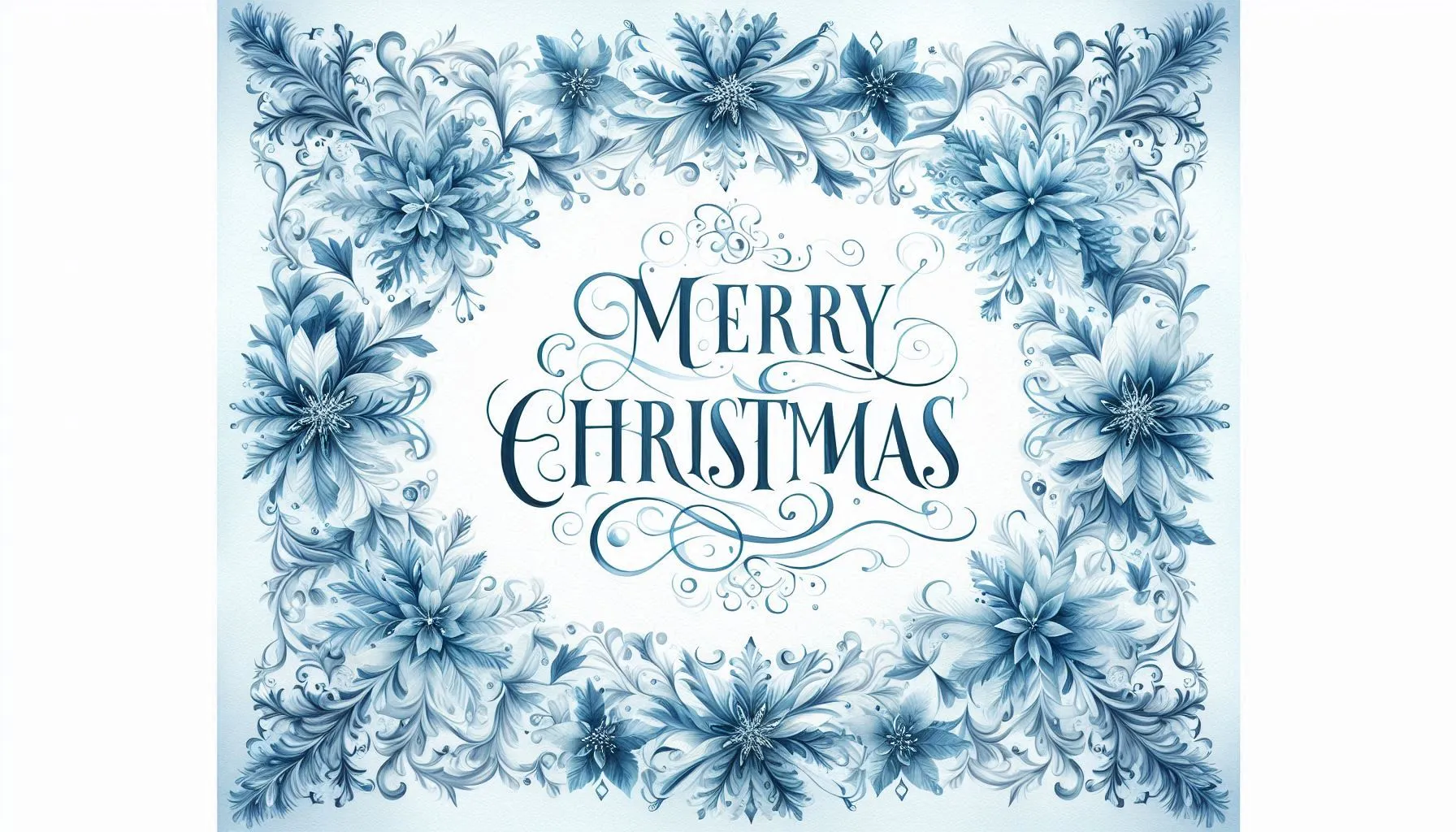 Winter floral frame with icy blue flowers and Merry Christmas text