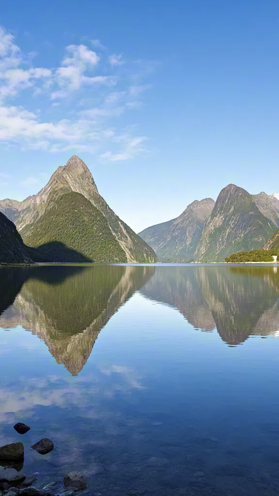 Blue mountain fjord with reflections