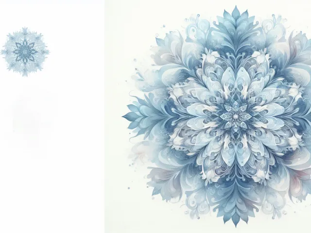 Detailed symmetrical snowflake painted in light and dark blue watercolor tones