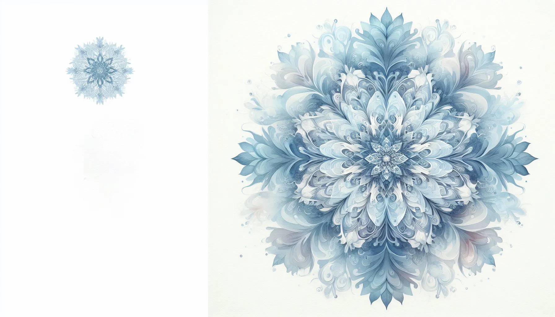 Detailed symmetrical snowflake painted in light and dark blue watercolor tones