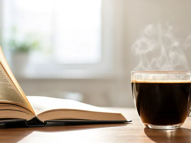 Open book and coffee cup on wooden table