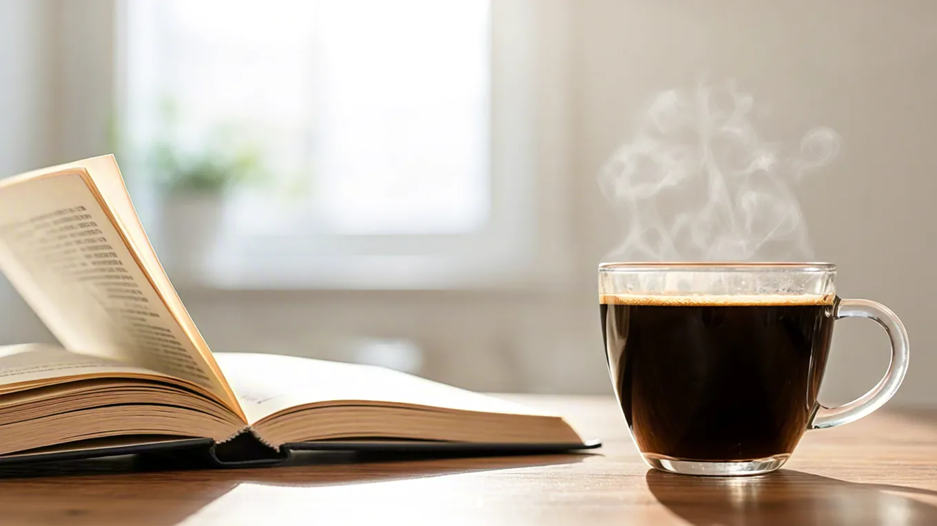 Open book and coffee cup on wooden table