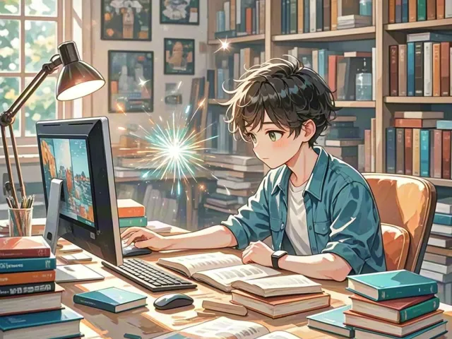 Child focused on studying at desk surrounded by books