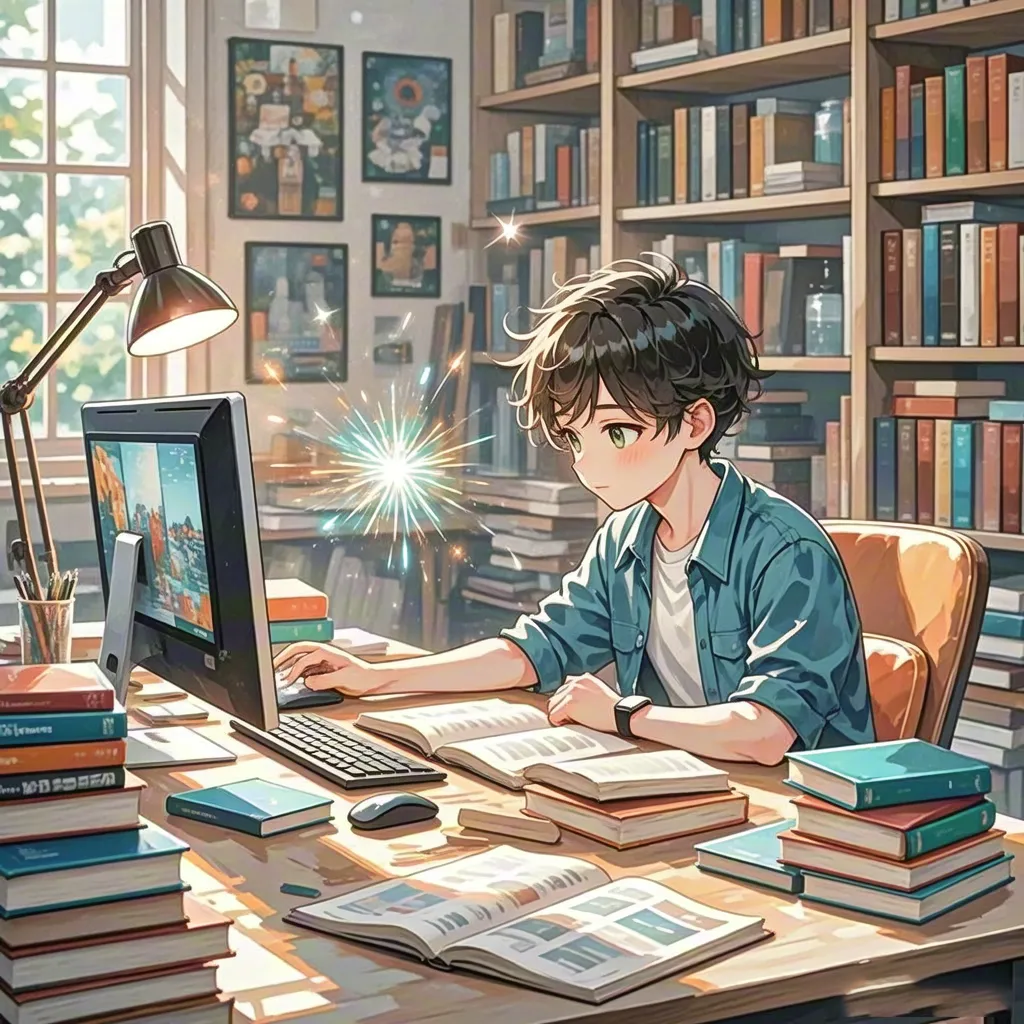 Boy studying in cozy library room