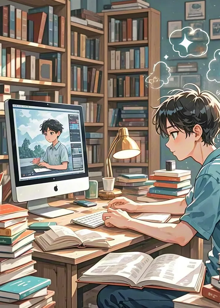 Boy studying with futuristic AI on monitor