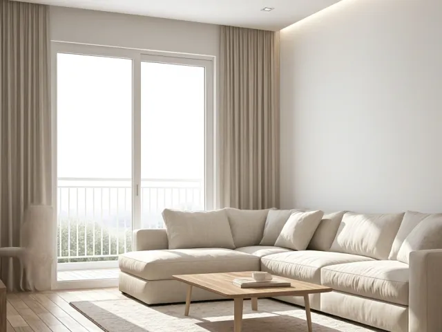 Stylish beige sofa and wooden table illuminated by natural daylight.