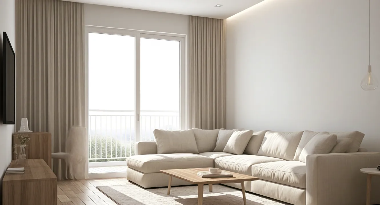 Stylish beige sofa and wooden table illuminated by natural daylight.