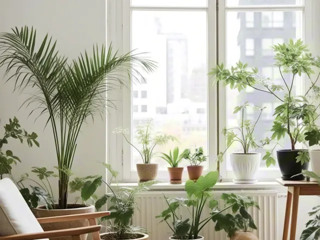 Sunlit interior filled with green indoor plants