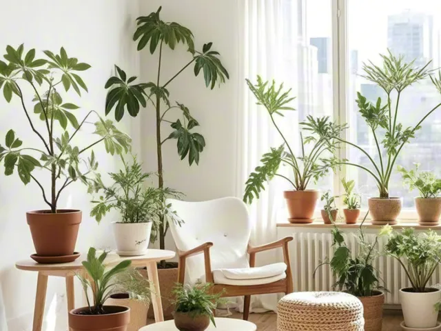 Cozy interior filled with green potted plants
