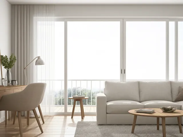 Scandinavian-style living room with large windows, neutral colors, and sunlight