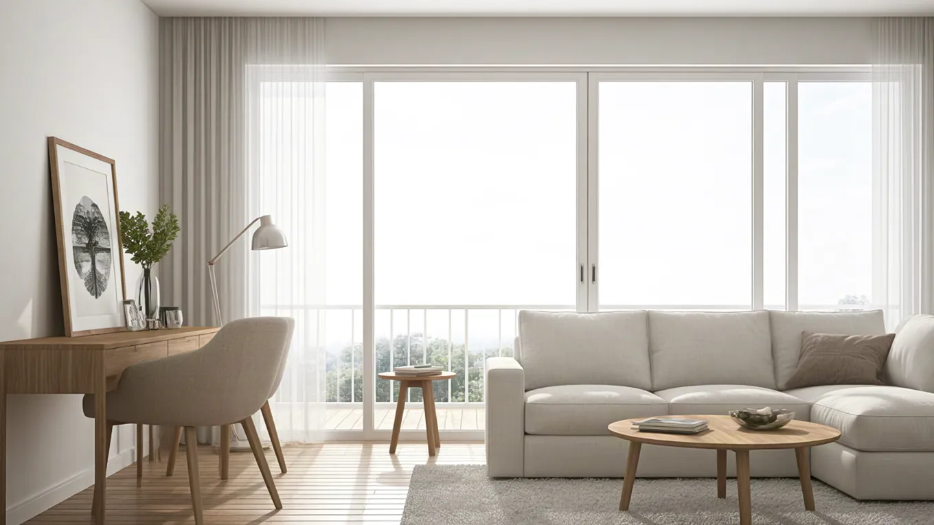 Scandinavian-style living room with large windows, neutral colors, and sunlight