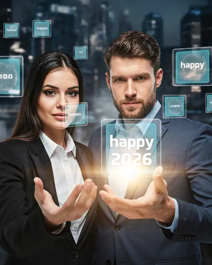 Business Couple Holding Happy 2026 Hologram