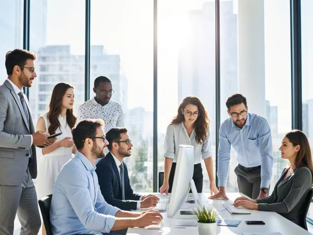 corporate team collaborating around computers in a modern office