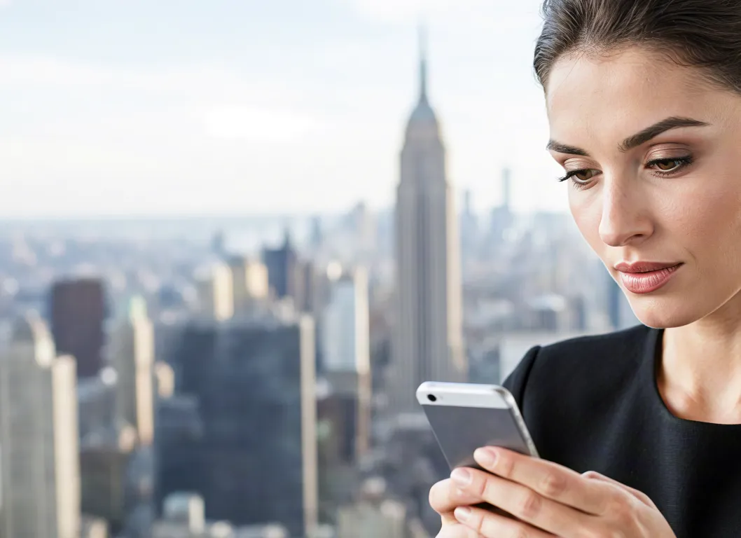 Businesswoman using smartphone with city skyline background – corporate communication concept
