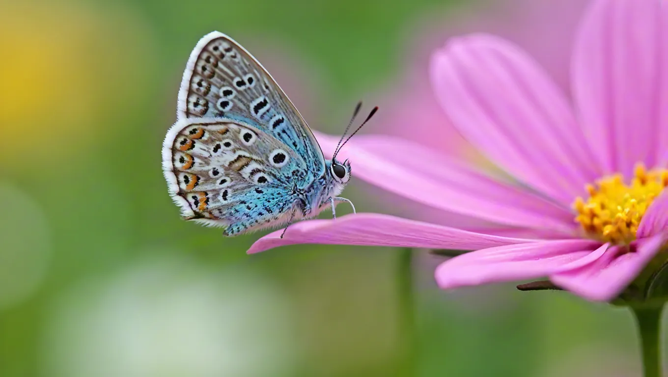 Blue butterfly resting on a pink blossom