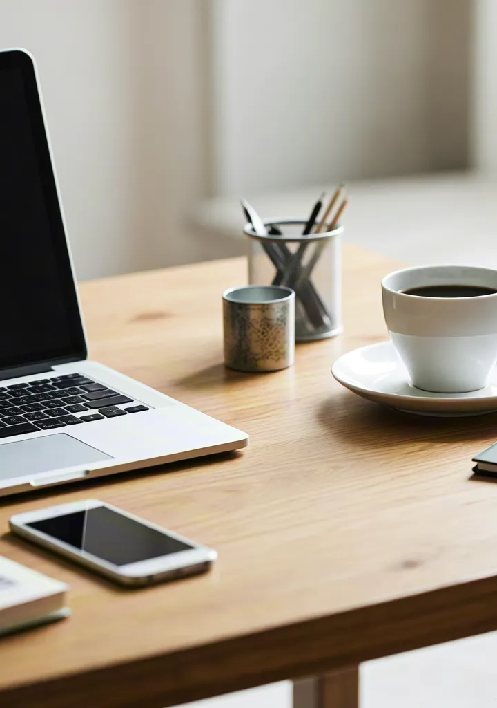 Calm morning workspace with laptop and coffee