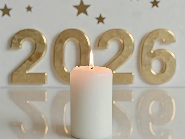 White candle in front of golden 2026 numbers and star decorations