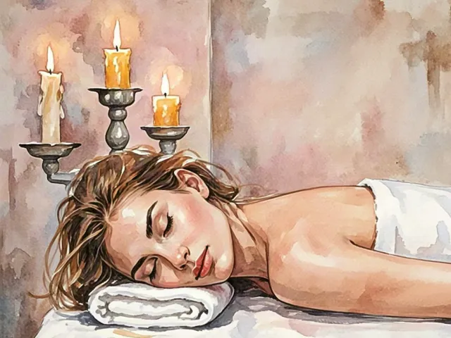 Woman receiving a calming massage in a warm candle-lit spa room.