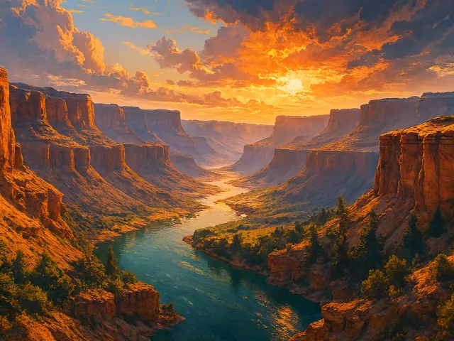 dramatic canyon river landscape at golden sunset
