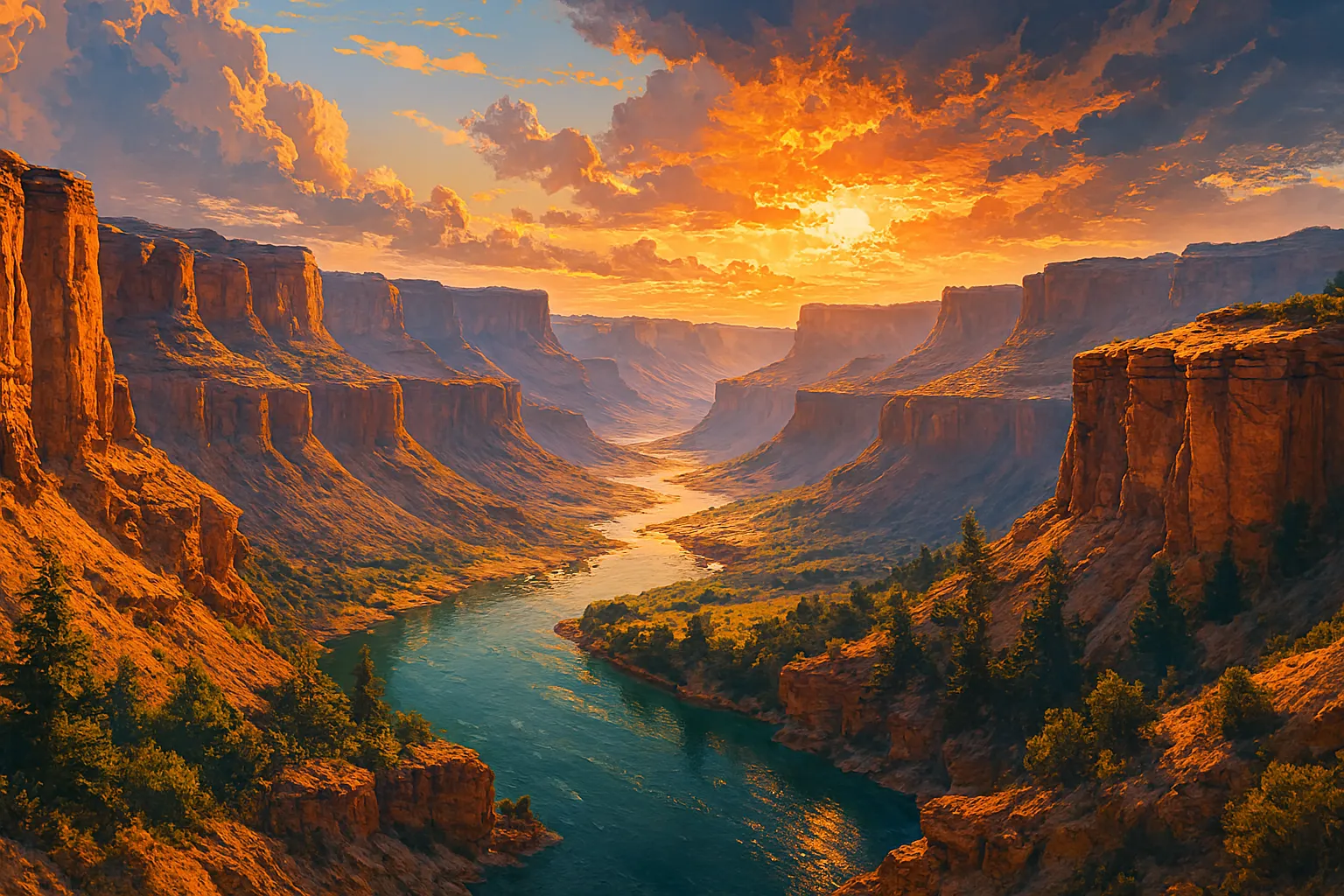 dramatic canyon river landscape at golden sunset