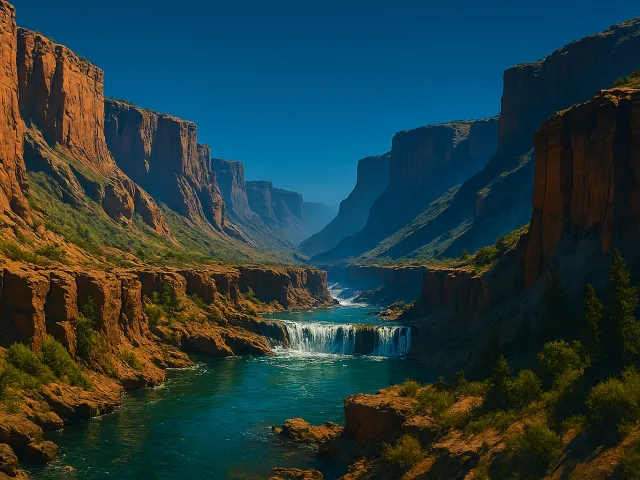 scenic canyon with river at sunset