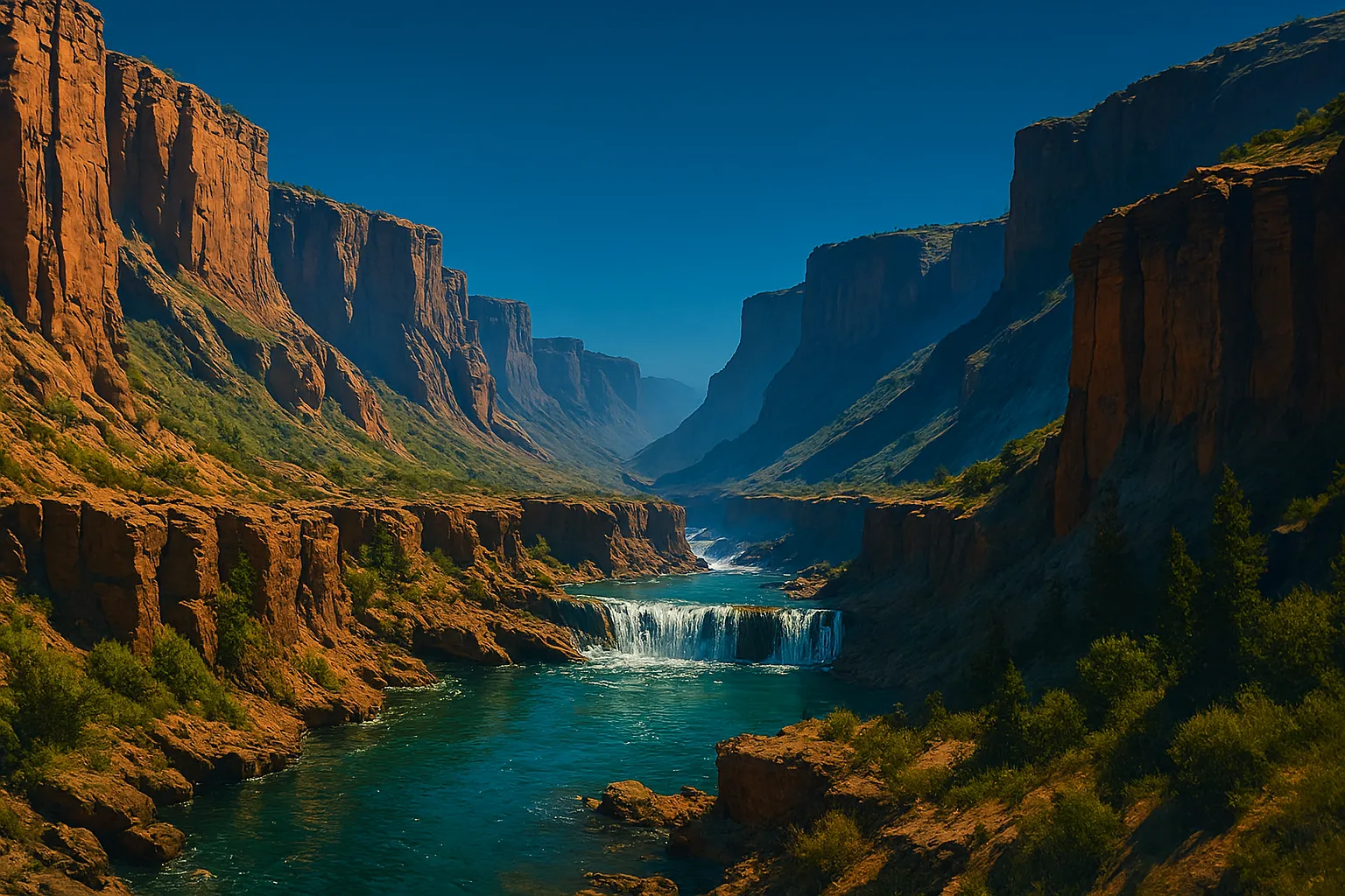 scenic canyon with river at sunset