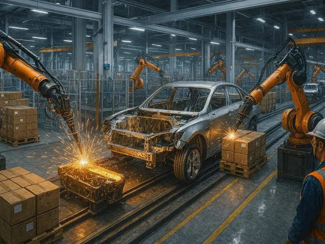 industrial robots assembling cars on factory line