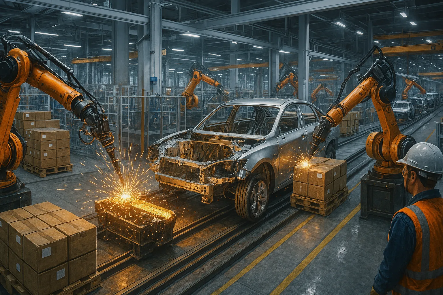industrial robots assembling cars on factory line