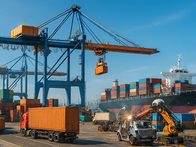 illustration of cranes and cargo containers at a shipping port