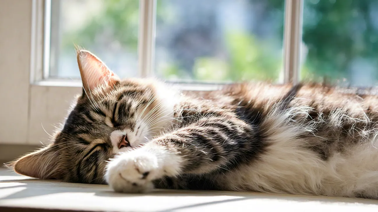 fluffy cat sleeping on a windowsill in sunlight