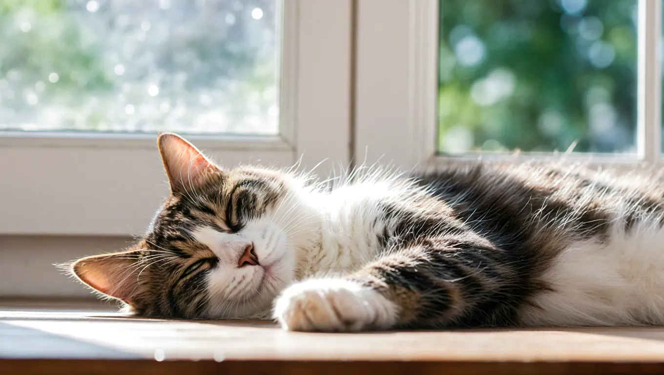 Cute cat lying on warm window ledge