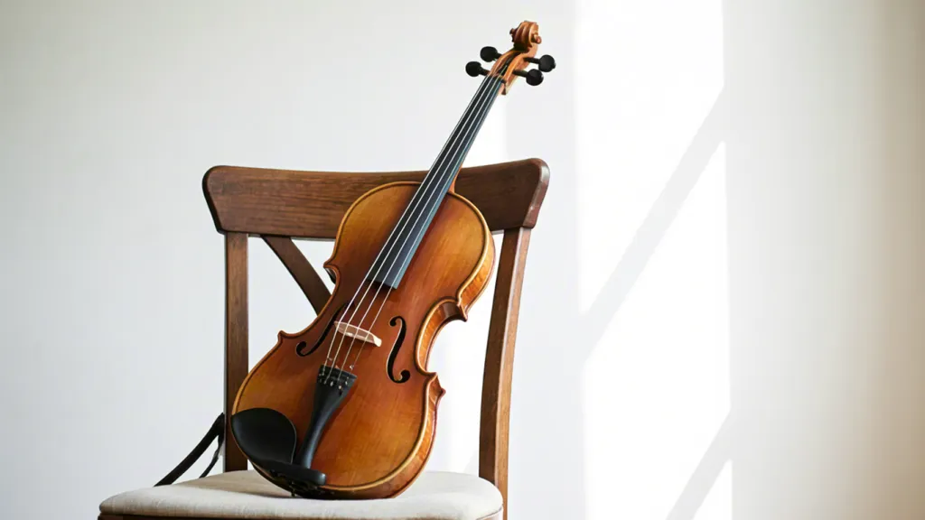 Cello resting on wooden chair