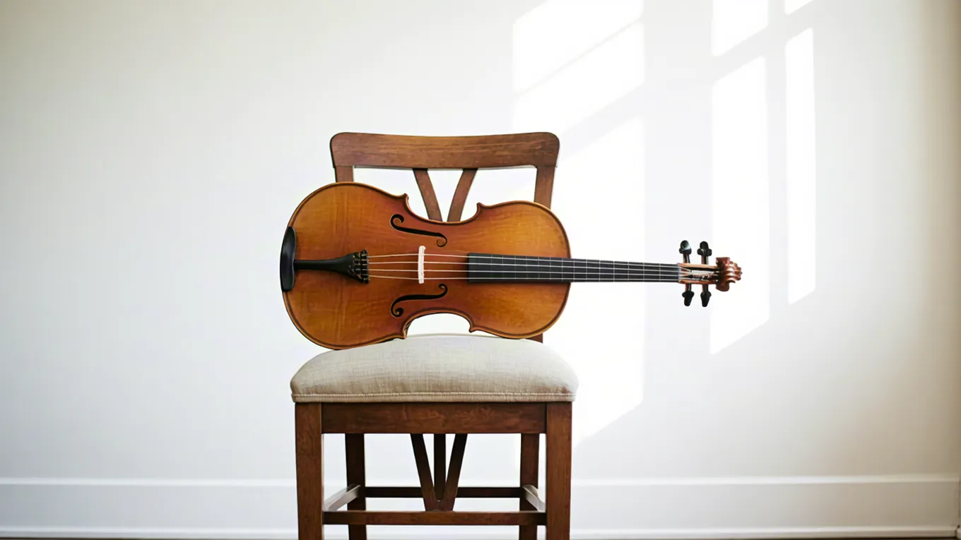 Classical cello instrument on simple chair