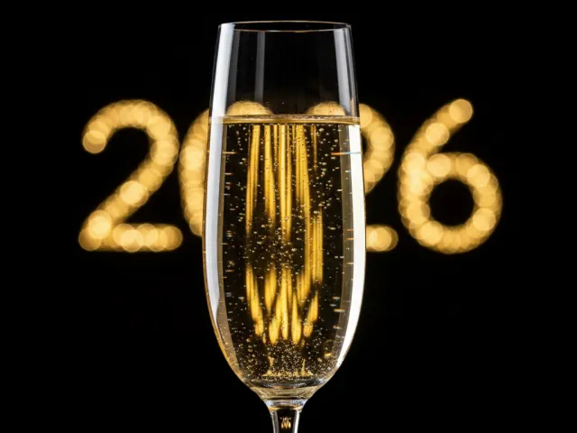 Sparkling champagne flute with blurred glowing 2026 numbers behind it