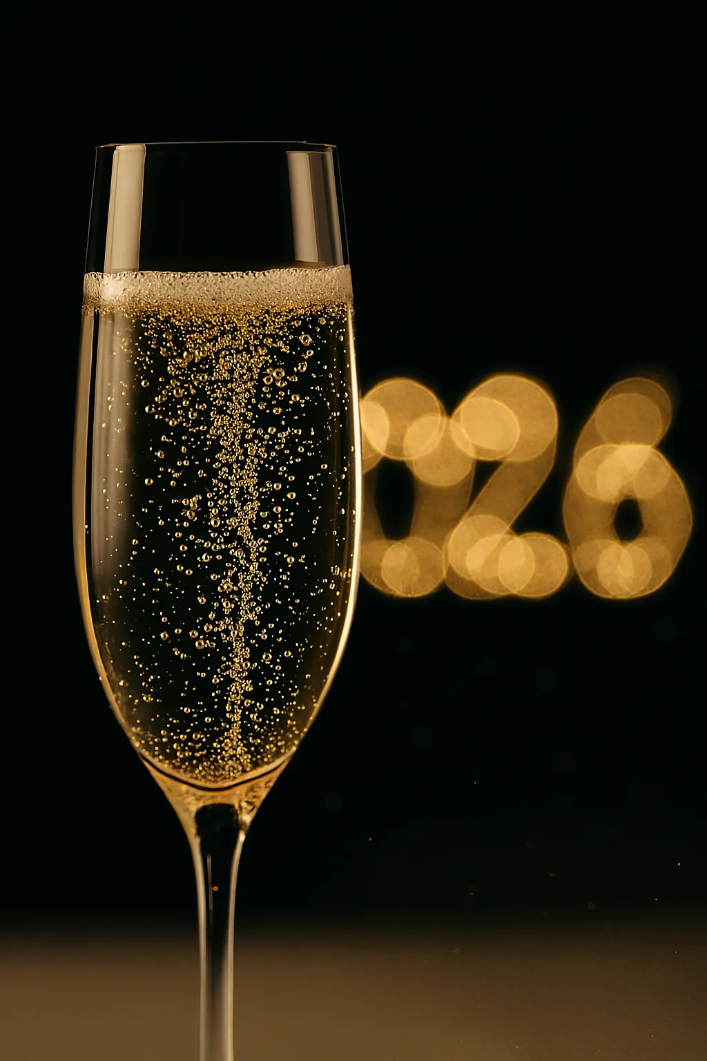 Close-up of a champagne glass with golden bubbles and blurred 2026 lights in the background